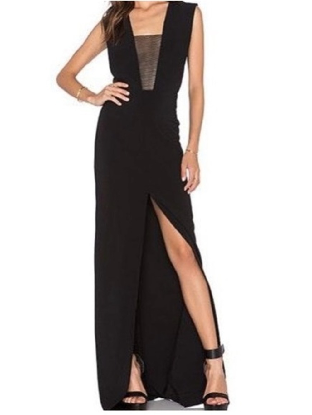 Solace London Black Plunge Maxi Dress with Sheer Inset and High Slit